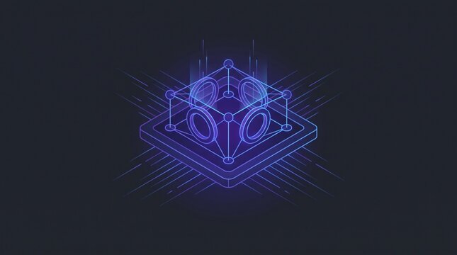 Futuristic isometric neon blue digital core processor illustration representing quantum computing and high tech data architecture