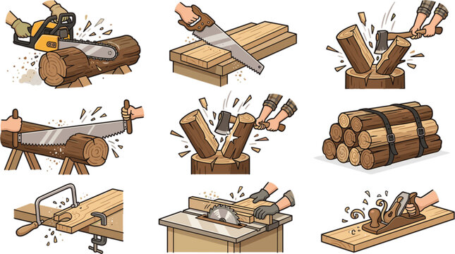 Woodworking and lumberjack tools set vector illustration with hands cutting logs using chainsaw axe hand saw table saw