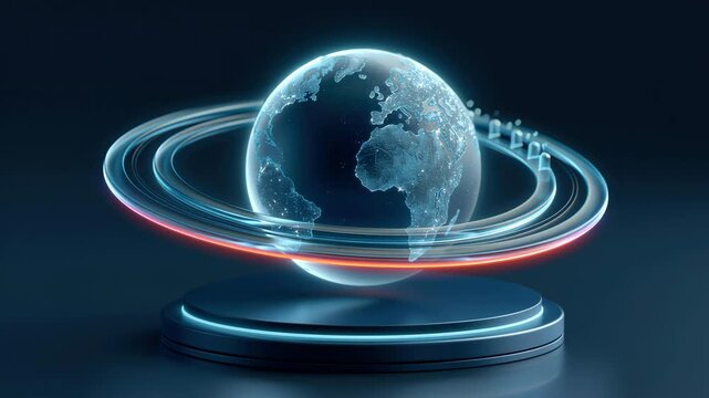 Cloud computing technology global network holographic globe with glowing data rings and floating icons orbiting digital earth