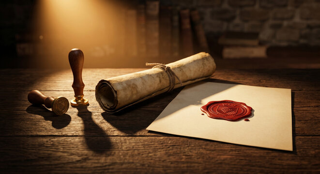 vintage scroll with red wax seal and stamper on wooden table