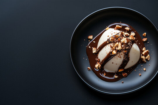 Panna cotta dessert demonstrating minimalist culinary execution with dark chocolate syrup drizzle and precisely chopped hazelnut topping