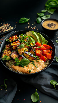 Quinoa bowl with meticulously layered roasted eggplant, sliced avocado and diced vegetable