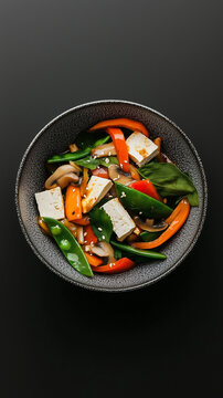 Tofu vegetable stir-fry featuring artisan minimalist plating with meticulously arranged bell pepper and snap pea.