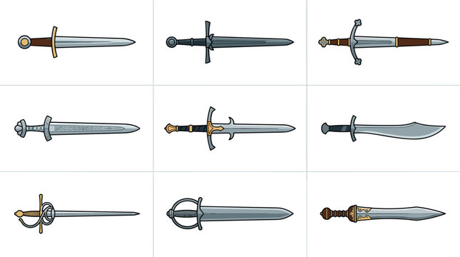 Medieval Knight Swords Collection with Ancient Daggers Broadswords Rapier and Scimitar Blade Icons for Fantasy Game Weapon Vector Design Templates