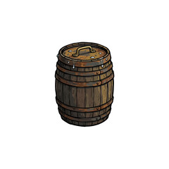 Fototapeta premium Rustic Wooden Rainwater Barrel With Copper Metal Bands Weathered Wooden Lid And Collection Spout Vector Illustration