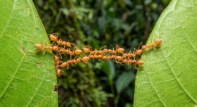 weaver ants forming living bridge between green leaves