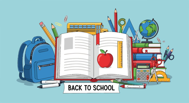 Colorful illustration of school supplies and an open book