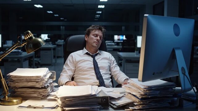 A drained businessman sits back in his chair at a cluttered desk in an empty, dark open-plan office at night, illuminated by a monitor. Overtime work and corporate fatigue concept