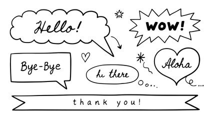 Speech Bubbles with Text in a Doodle Style Featuring Hello, Wow, Aloha with Bye-Bye and Thank Elements for You, Hi Projects © MDMIZANUR