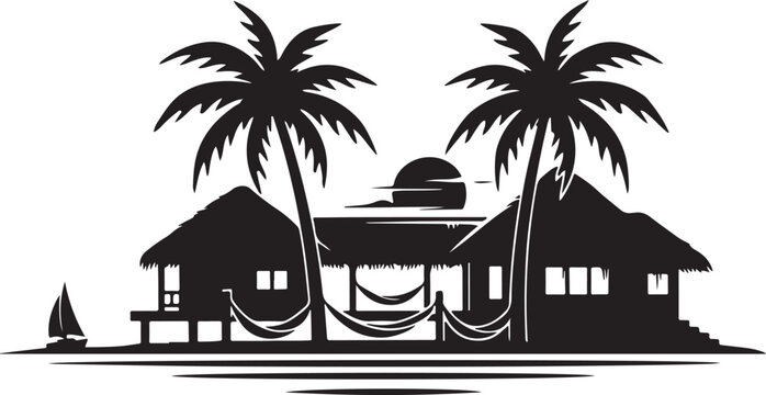 Tropical island hut with palm trees and hammocks, black