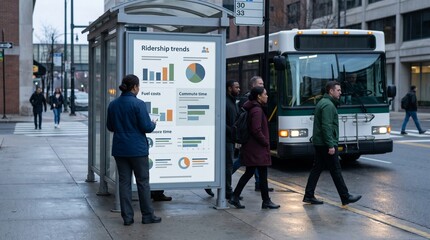 Fototapeta premium Morning Bus Stop Commuter Shift With Transit Trend Poster Infographic