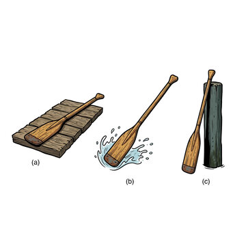Retro Wooden Rowing Oar In Three Action Poses On Dock With Water Splashing And Storage Vessel Vector Illustration