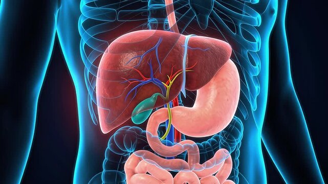 3D Medical Animation of Human Liver and Digestive System with Stomach, Gallbladder, Blood Vessels and Transparent X-Ray Body Effect on Dark Background