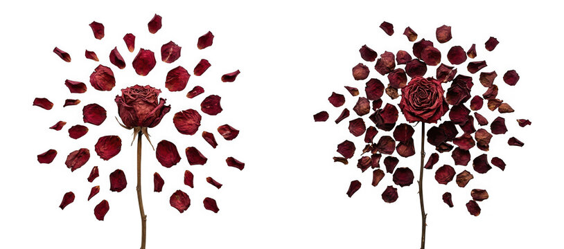Two dried red roses with scattered petals arranged in a circular pattern isolated on transparent background
