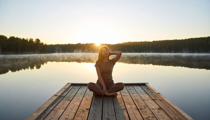 Fototapeta premium Woman listening to nature sounds by a lake at sunrise for digital detox, sensory awareness, and mental peace concepts.