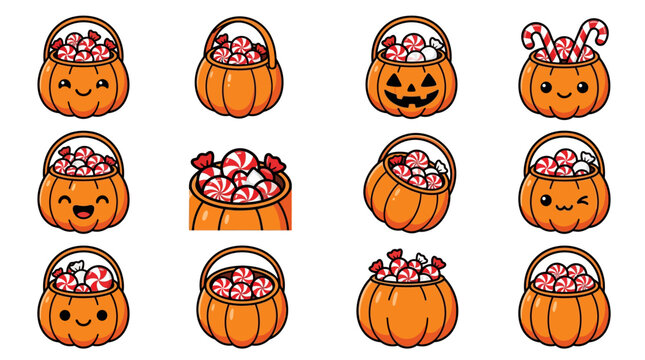 Illustration of various smiling and spooky pumpkin buckets filled with candy on white background yu 191