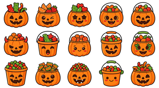 Colorful illustrations of smiling jack-o-lanterns filled with candy on white background yu 193