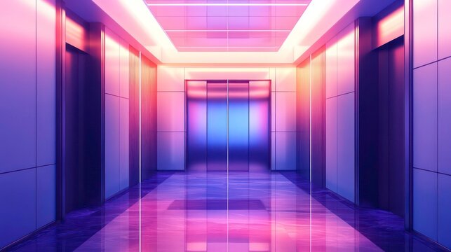 Neon-lit elevator hallway with reflective floor.