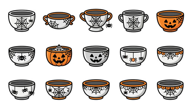 Halloween-themed tea cups and mugs with spider web designs and pumpkin faces on a white background yu 111