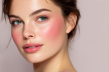 Fototapeta premium Woman Flawless Glowing Skin Pink Makeup Blush Glossy Lips Beauty Portrait Cosmetic Photography