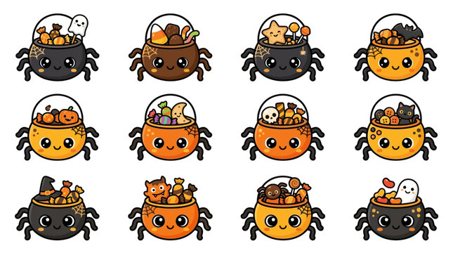 Halloween themed spider cauldrons filled with candy and treats on white background yu 119