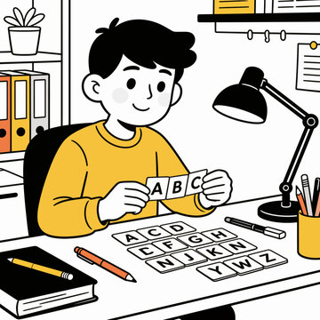 A young boy sits at a desk holding alphabet letters in a classroom setting with educational tools.