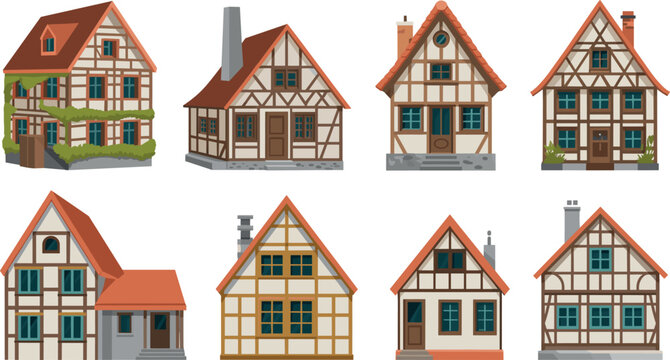 Flat Style European Medieval Half Timbered House Vector Set Featuring Traditional German Tudor Architecture With Red Roof And White Walls For Historic Village And Cottage Design