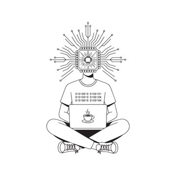 Child programmer using laptop with microchip brain circuit and binary code line art illustration
