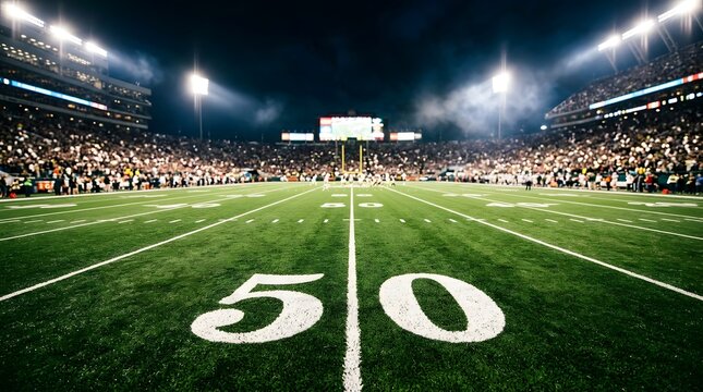 American football field 50 yard line view with stadium crowd