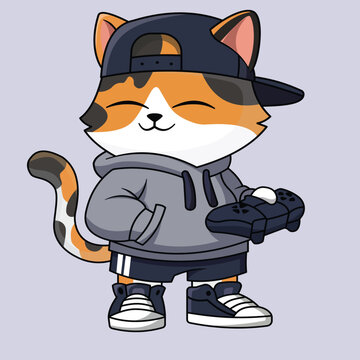A cartoon calico cat wearing a hoodie plays video games with a controller. Illustration of a calico cat in casual clothes playing video games. cat, calico, gamer, video, game