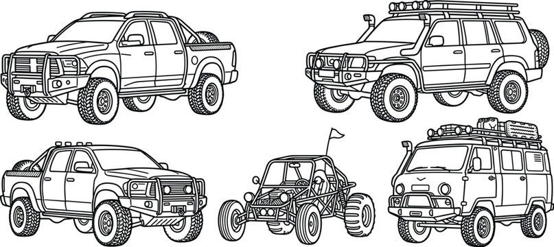 Off Road Vehicles Line Art Vector Icon Set Featuring Four by Four Trucks, Adventure SUV, Dune Buggy, and Camper Van for Coloring Books or Car Decals.