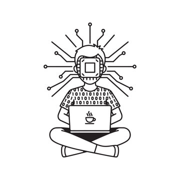 Child programmer using laptop with microchip brain circuit and binary code line art illustration
