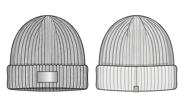 Knit Beanie Hat Apparel Flat Sketch &ndash; Utility Style Reflective Logo Cuff Technical Fashion Illustration Template Grayscale