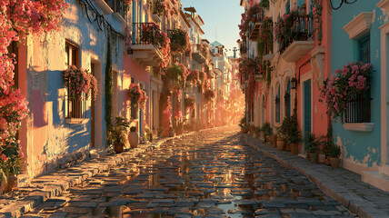 Fototapeta premium Ancient European cobblestone alley with pastel facades, blooming balconies, and wet stone reflections under golden morning sun rays, ideal for travel website banners and tourism campaigns.