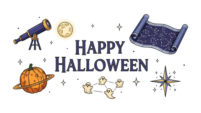 Happy Halloween Astronomy and Constellations: Celebrate Halloween with a celestial theme featuring a telescope, moon, pumpkin, constellation map, ghost constellation, and starburst.