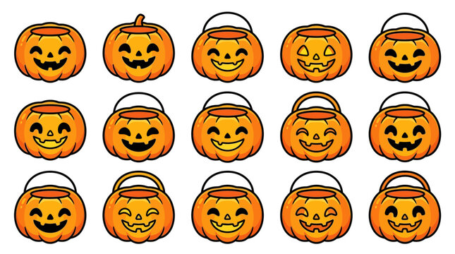 Halloween party decorations with smiling jack-o-lanterns in various trick-or-treat buckets on white background yu 143