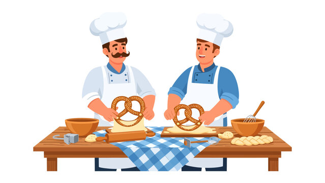 Bakers Crafting Pretzels: Two cheerful bakers in chef hats and aprons stand at a wooden table, meticulously shaping pretzels. They are surrounded by baking ingredients.