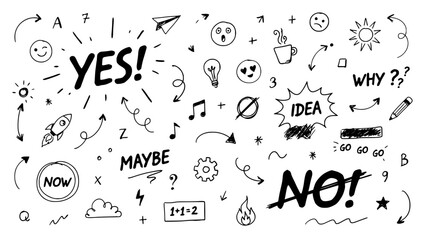 Obraz premium Symbolic Doodle Elements on Paper Background with Playful Words, Icons, and Abstract Shapes for Creative Design Concept