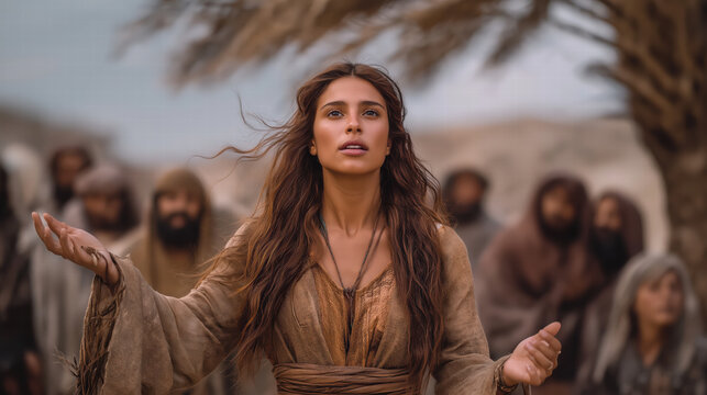 Deborah under palm tree delivering judgment as gathered crowd listens in ancient desert cinematic realism