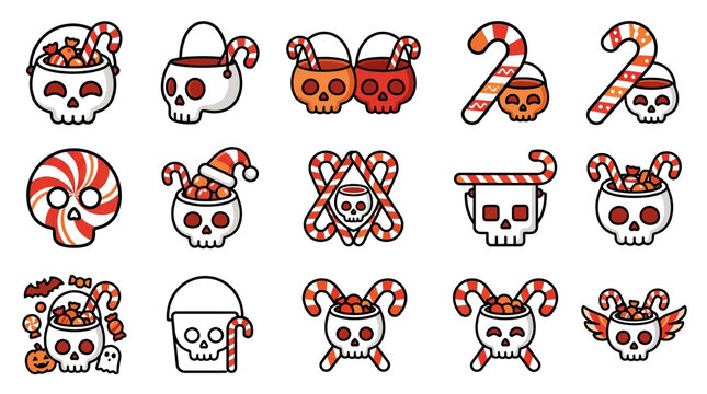 Halloween themed icons show skulls with candy canes and sweets on white background yu 154