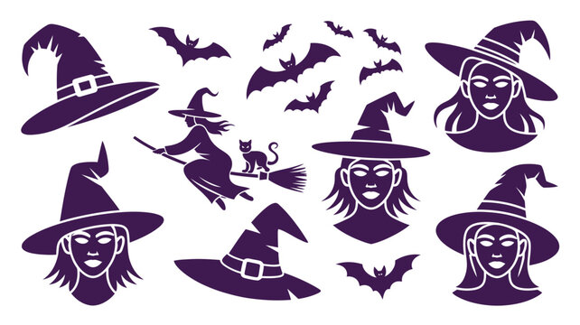 Purple Halloween collection of witch hats, flying witch, black cat, and diverse witch faces