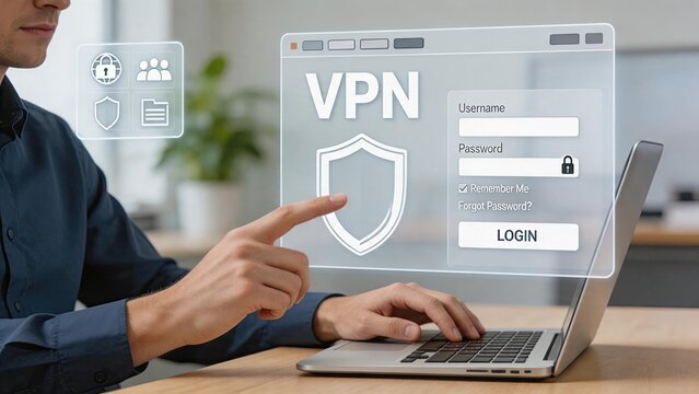 Man using futuristic hologram VPN login screen on laptop for secure internet access, cybersecurity concept with shield icon and password field in modern office environment