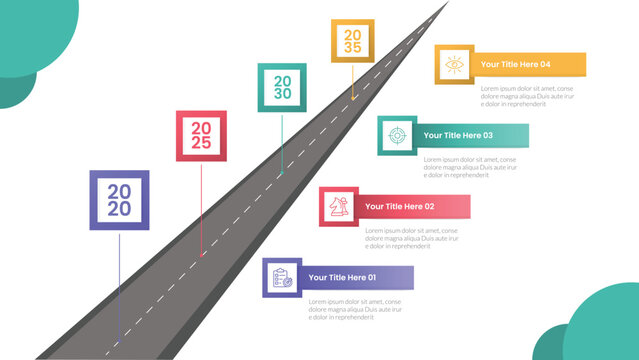 Sustainability roadmap infographic template banner with 3d road way perspective with standing line square checkpoint for slide presentation