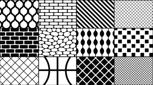 Thread textile icon, jacquard weave and lace pattern symbols representing fabric structure material texture and textile design.