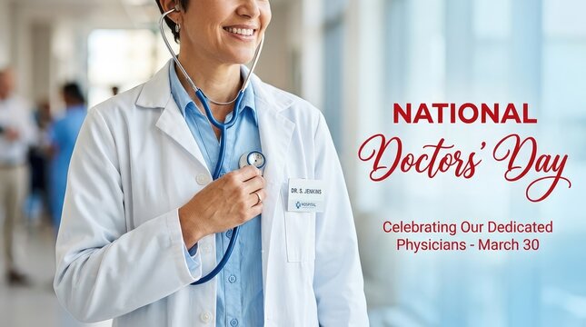 Professional female physician smiling while holding her stethoscope on national doctors day horizontal banner template display