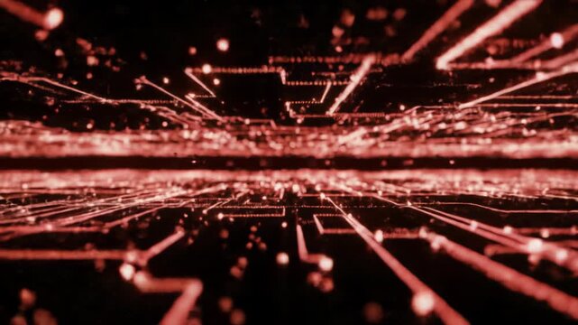 Luminous red-accented data streams flow rapidly through deep dark digital space, forming a network visualization with shallow depth of field and soft bokeh, conveying advanced ai processing and big