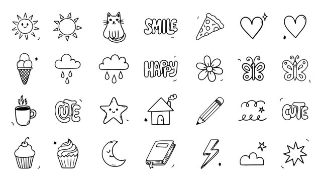 Doodle Icons Set of Playful Whimsical Hand-Drawn Line Art Hearts Clouds Stars Smiley Faces Featuring Icon, Collection, Handdrawn
