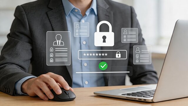 Cyber security concept with businessman using mouse and laptop, password protection login screen with padlock icon, data privacy authentication and secure access network safety