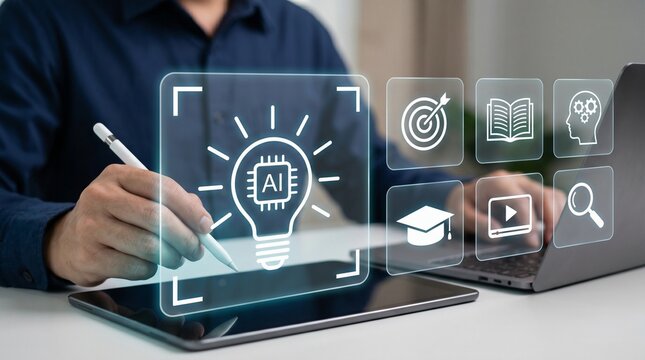 Smart education technology with AI-powered idea creation, interactive learning icons, and digital knowledge tools used on a tablet for personalized study and future-ready training.