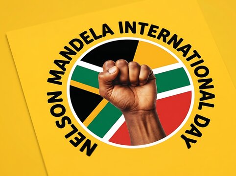 Nelson mandela international day poster with raised fist and colorful flag background design concept
